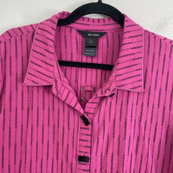 Ali Miles Womens Large Button Up Shirt Pink Black Striped Long Sleeve Top - Picture 10 of 14